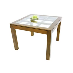 Table de repas carrée Hévéa avec plateau verre posé sur quadrillage bois 100x100x76cm HELENA