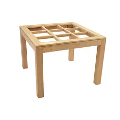 Table de repas carrée Hévéa avec plateau verre posé sur quadrillage bois 100x100x76cm HELENA