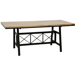 Table de Repas plateau en Hévéa recyclé naturel et pieds métal avec croisillons 180x90x76cm LOFT