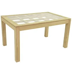 Table de repas rectangle Hévéa avec plateau verre posé sur quadrillage bois 138,5x89,5x76cm HELENA