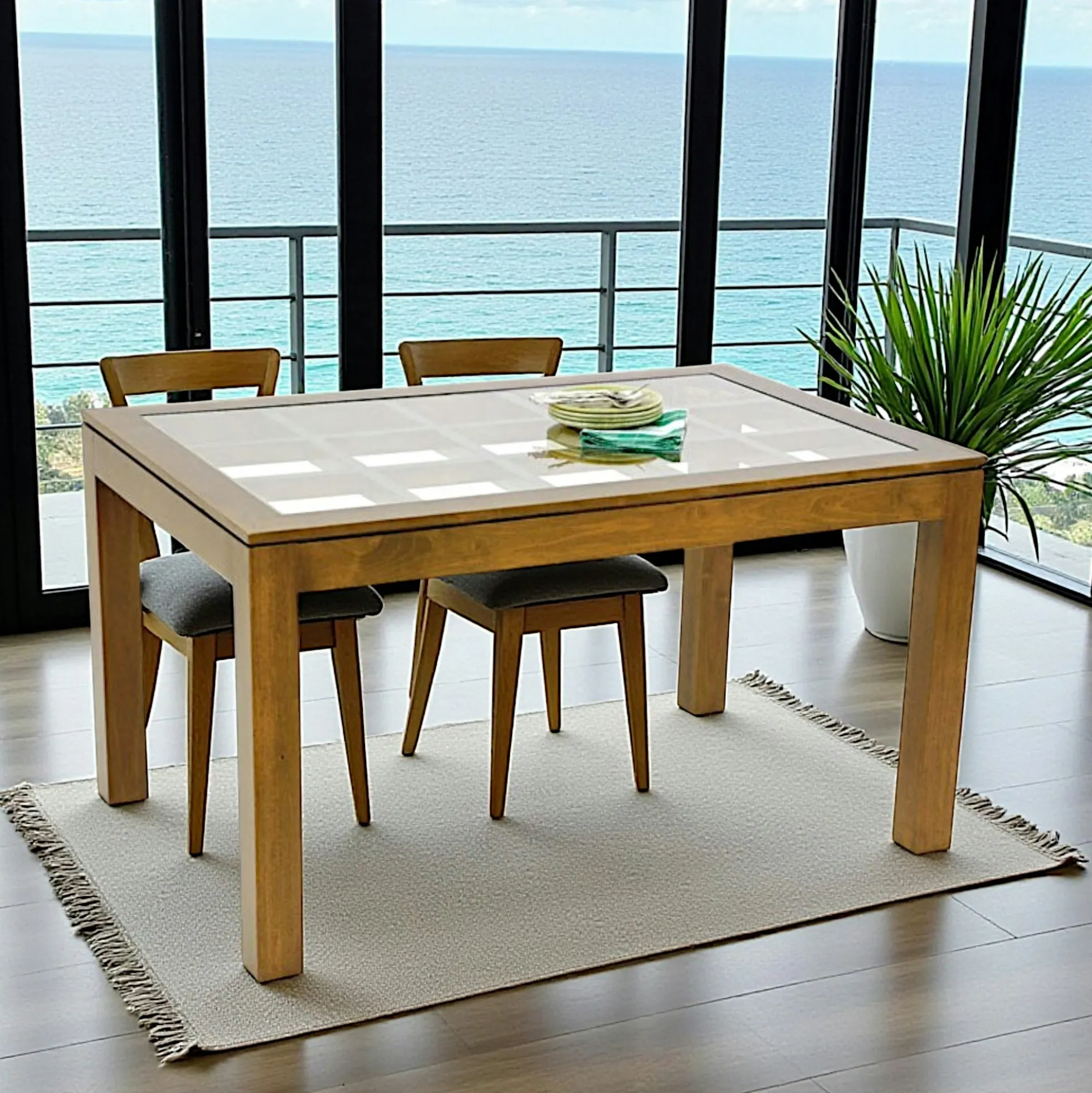 Table de repas rectangle Hévéa avec plateau verre posé sur quadrillage bois 138,5x89,5x76cm HELENA