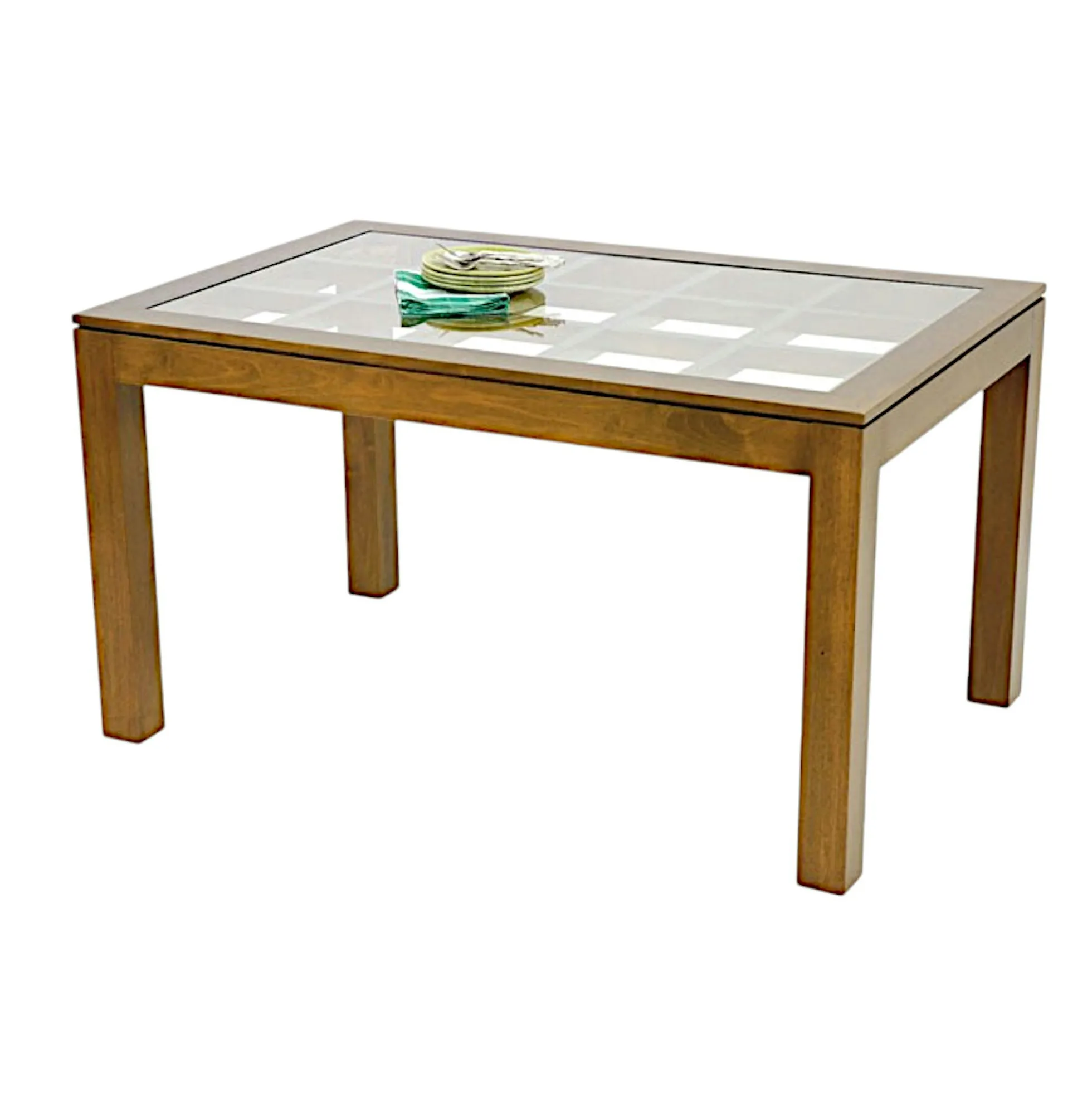 Table de repas rectangle Hévéa avec plateau verre posé sur quadrillage bois 138,5x89,5x76cm HELENA