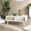 Table de salon bois blanc 2 niches 2 tiroirs rotin CALVIA