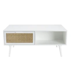 Table de salon bois blanc 2 niches 2 tiroirs rotin CALVIA