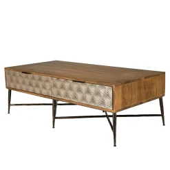 Table de salon bois exotique pieds métal croisés 2 tiroirs motifs losanges KANHA
