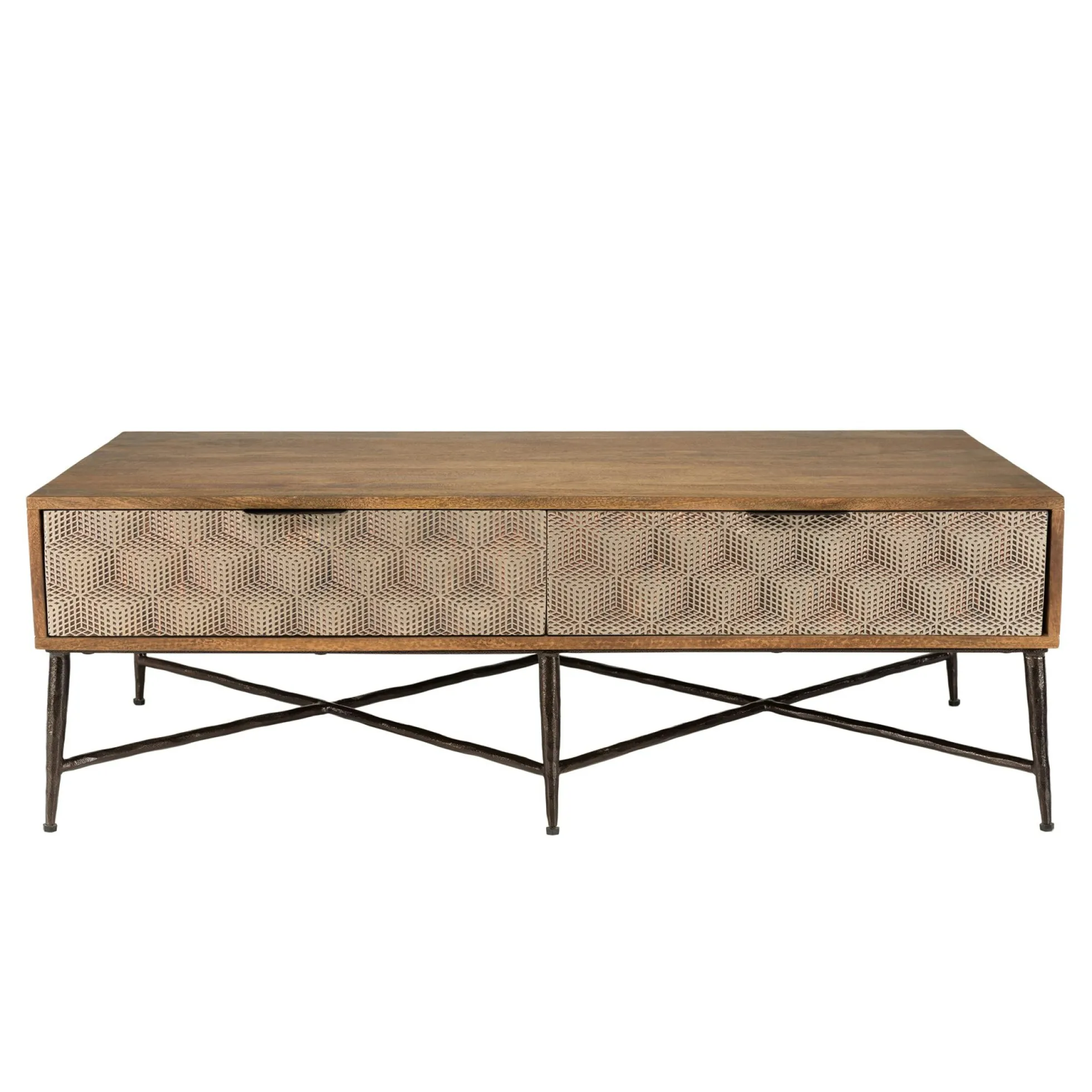 Table de salon bois exotique pieds métal croisés 2 tiroirs motifs losanges KANHA