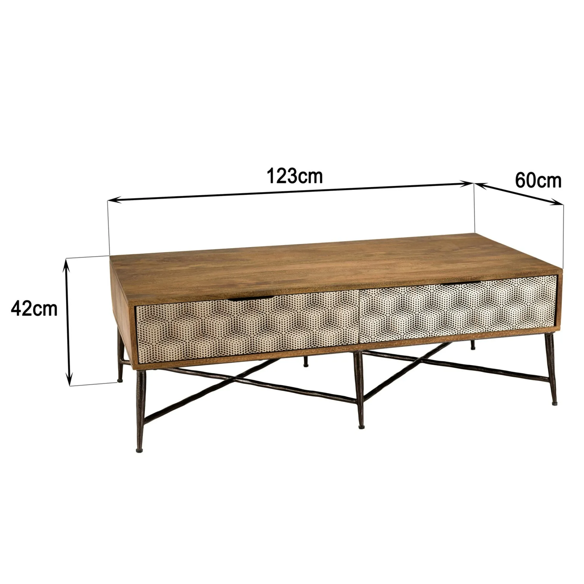 Table de salon bois exotique pieds métal croisés 2 tiroirs motifs losanges KANHA