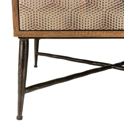 Table de salon bois exotique pieds métal croisés 2 tiroirs motifs losanges KANHA
