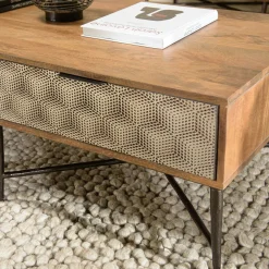 Table de salon bois exotique pieds métal croisés 2 tiroirs motifs losanges KANHA