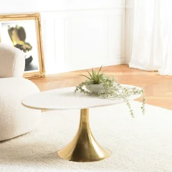 Table de salon ovale marbre blanc et pied doré ZALA