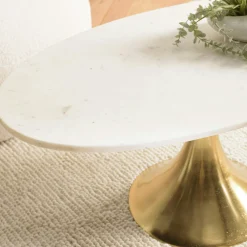 Table de salon ovale marbre blanc et pied doré ZALA