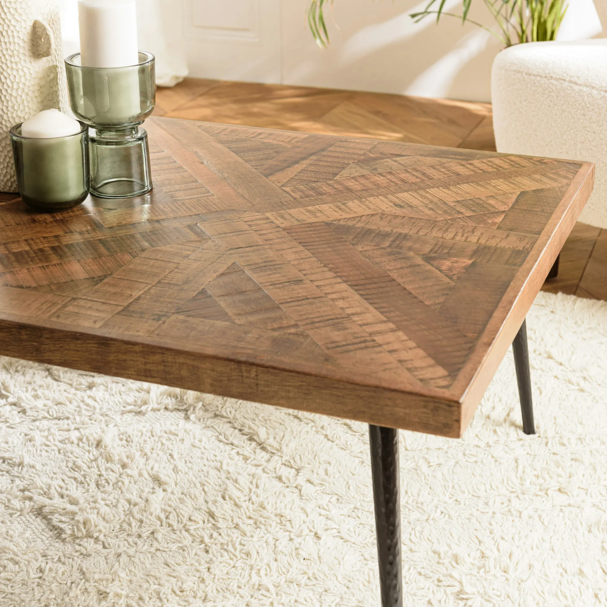 Table de salon rectangulaire bois recyclé marqueterie 135 cm KORKAI