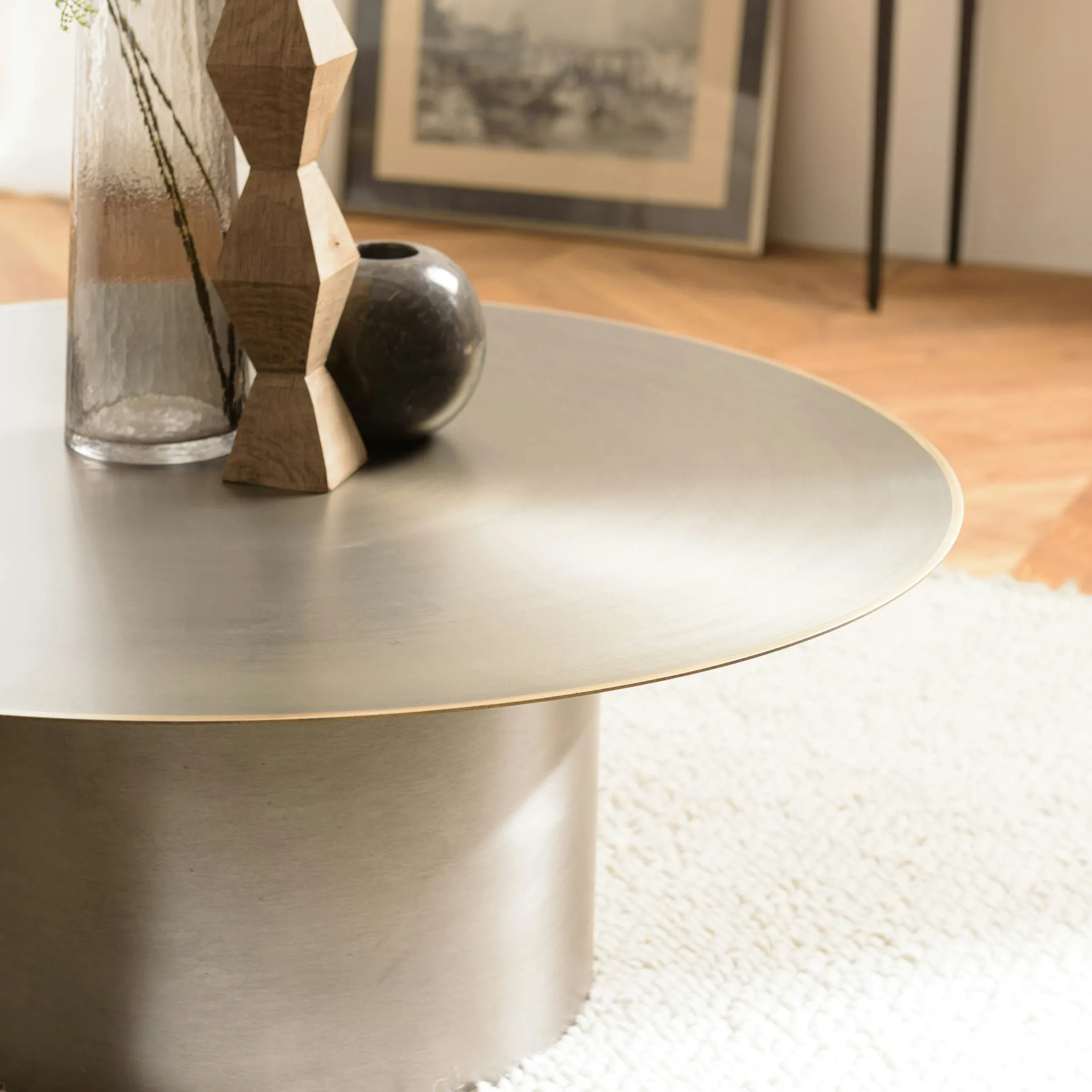 Table de salon ronde métal argenté bord doré D80 cm ZALA