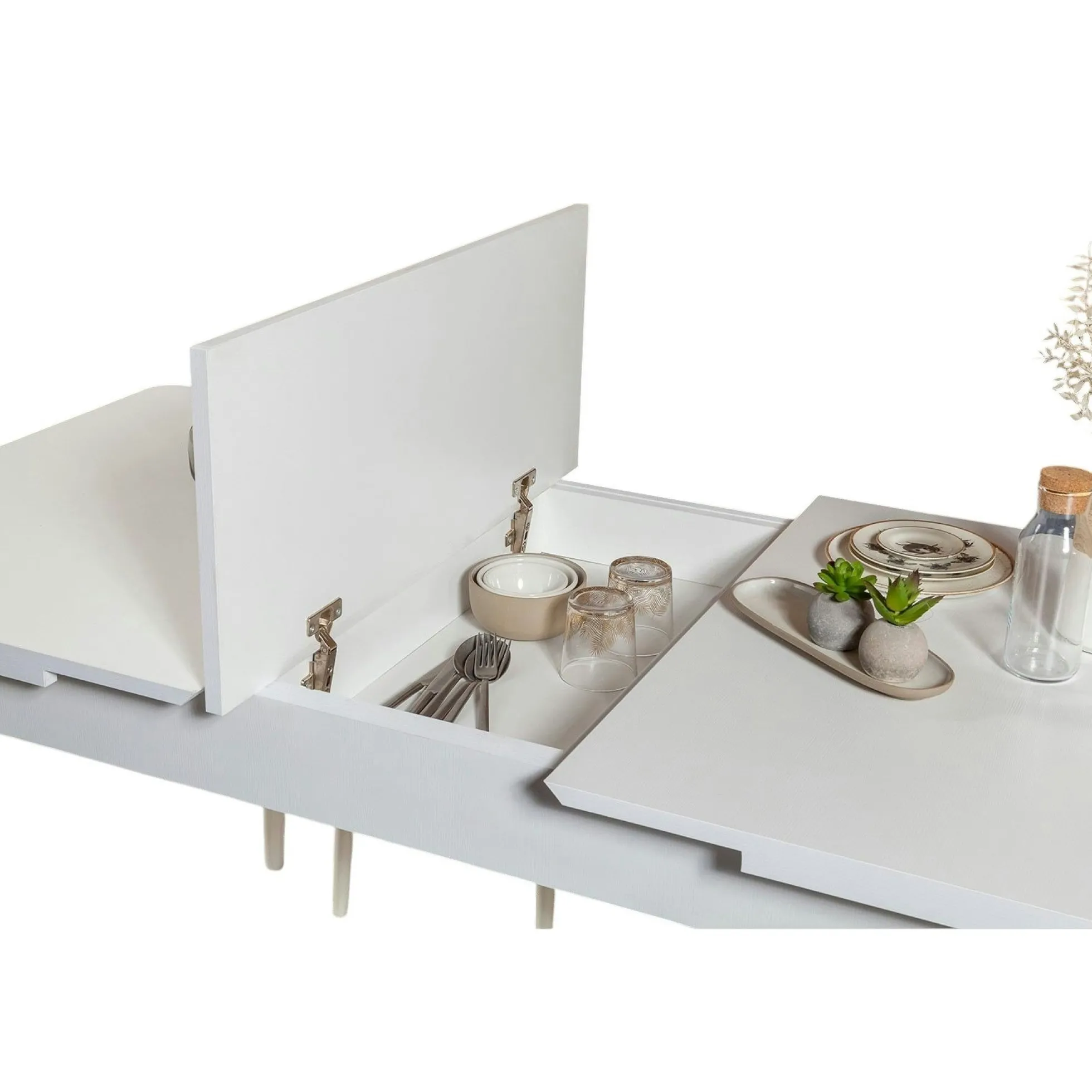 Table extensible blanche, rangement intégré 130-165 cm ORINA