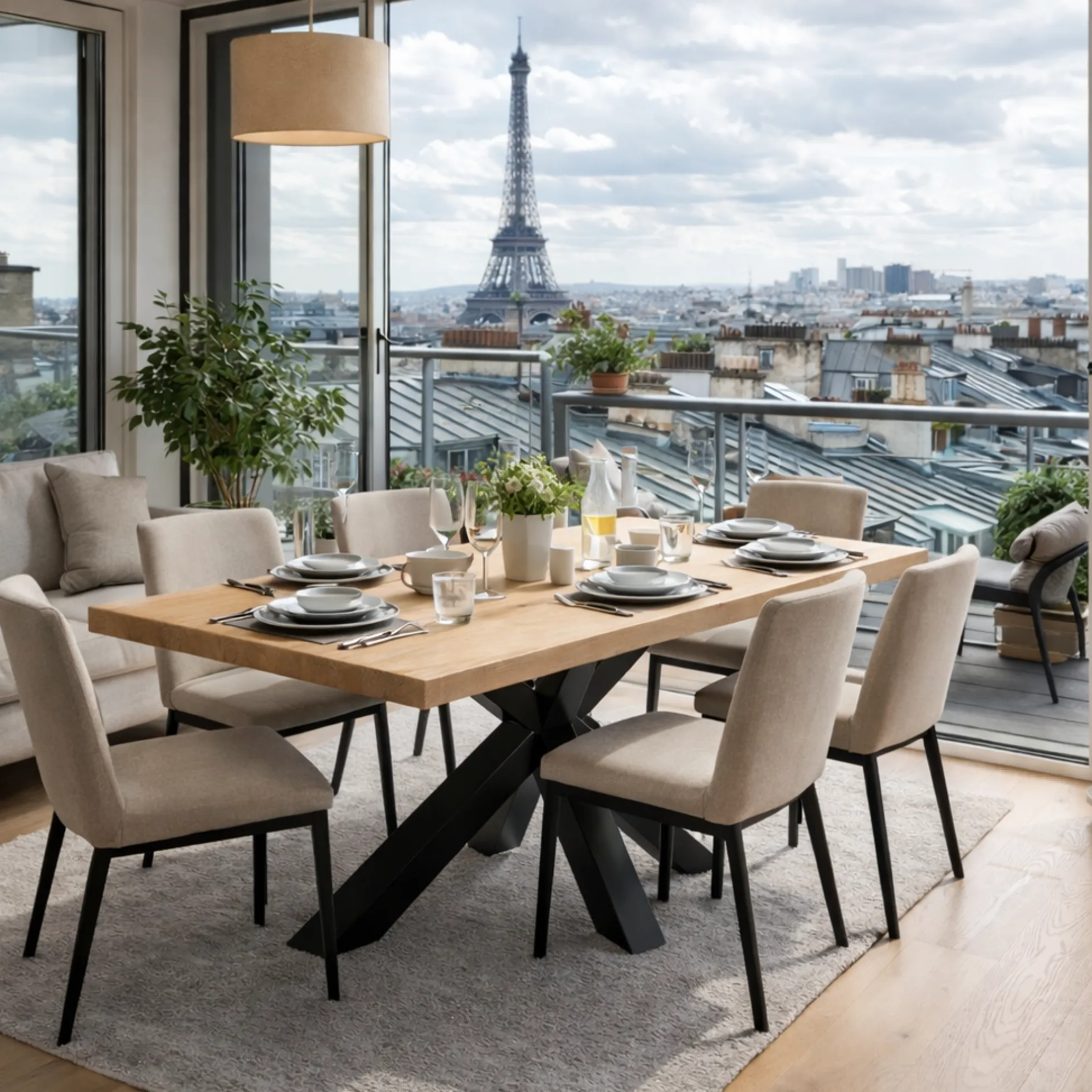 Table extensible bois blanc bords droits pied noir 200 cm PALERME