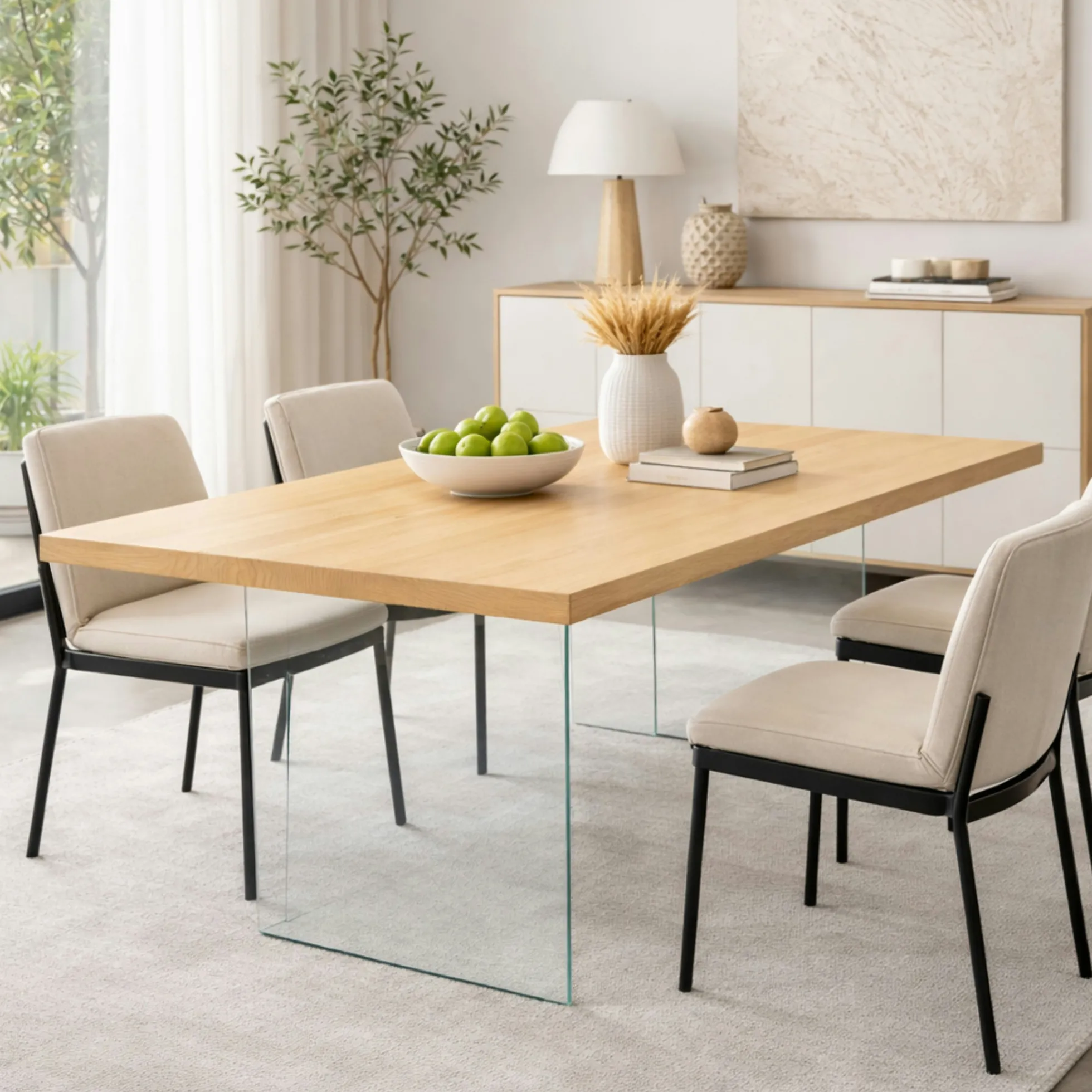 Table extensible bois blanc bords droits pieds verre 220 cm PALERME