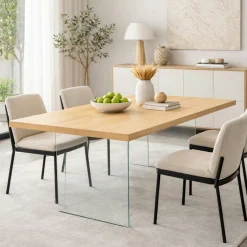 Table extensible bois blanc bords droits pieds verre 200 cm PALERME
