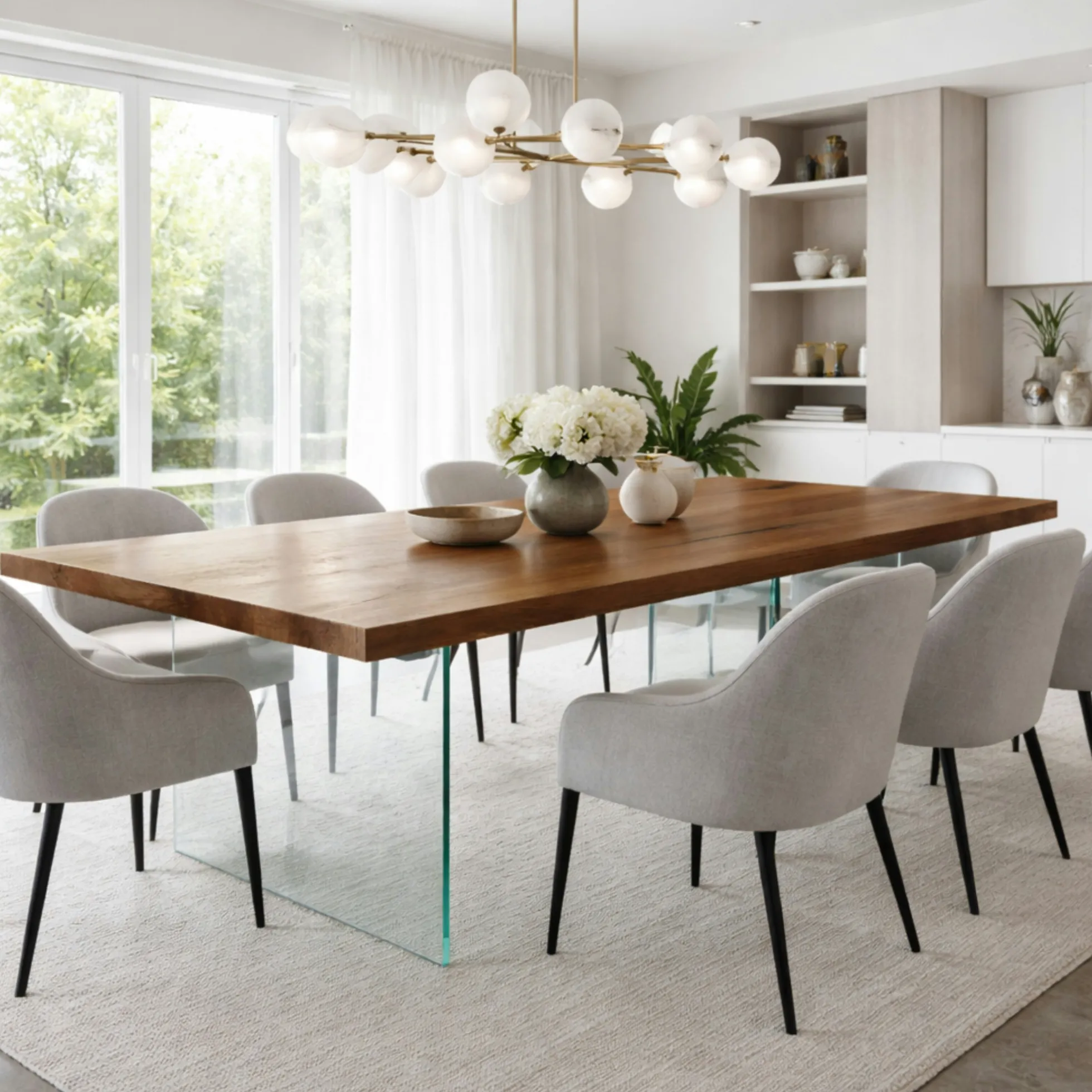 Table extensible bois brun bords droits pieds verre 220 cm PALERME