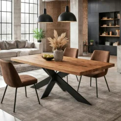 Table extensible bois brun bords droits pied noir fin 220 cm PALERME