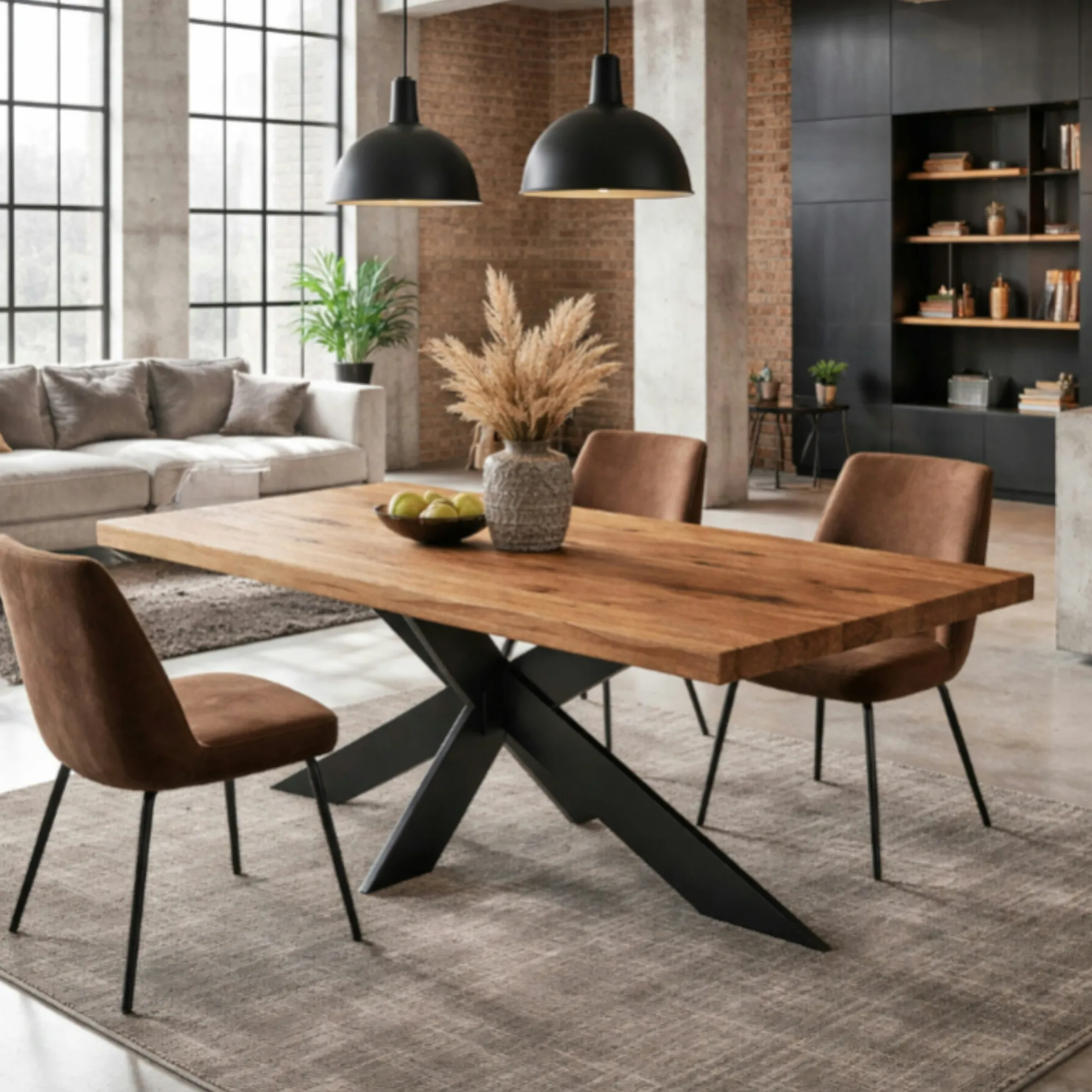 Table extensible bois brun bords droits pied noir fin 220 cm PALERME