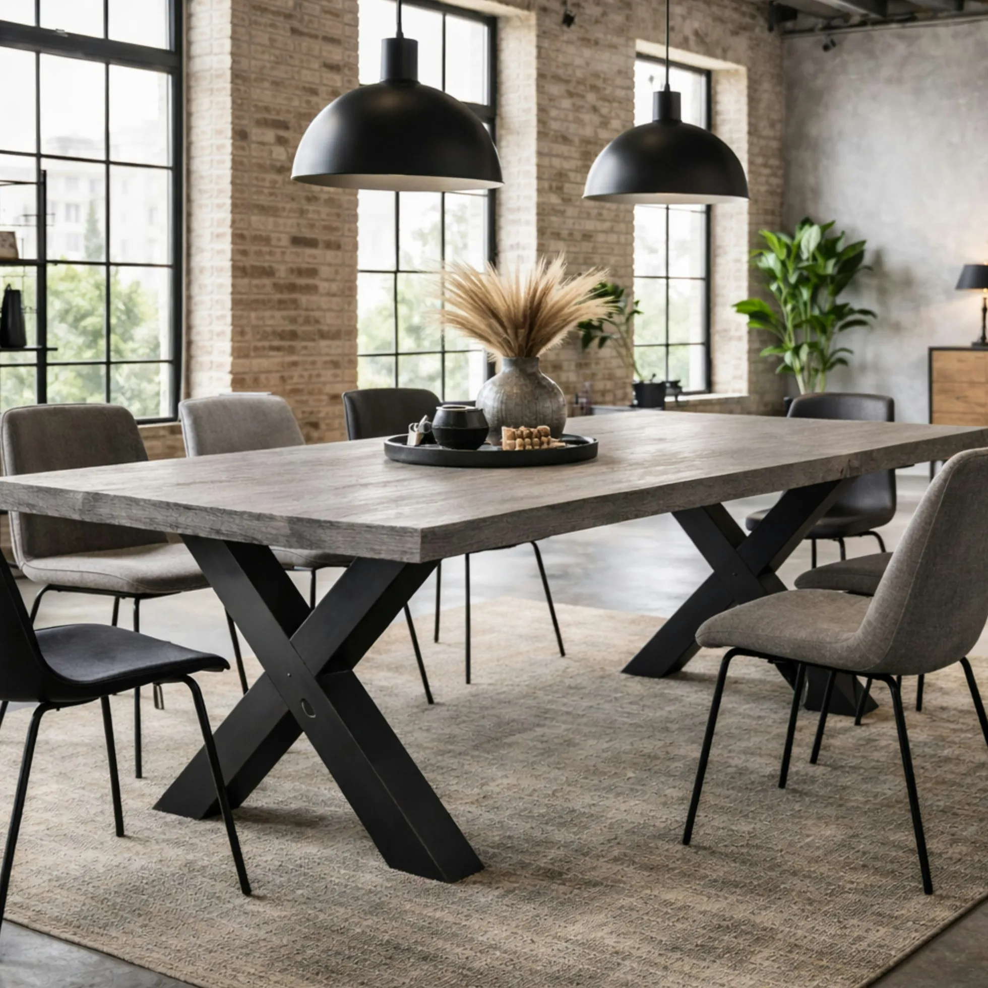 Table extensible bois grisé bords droits pieds en X 180 cm PALERME