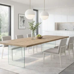 Table extensible bois grisé bords droits pieds verre 200 cm PALERME