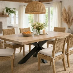 Table extensible bois grisé bords droits pied noir 220 cm PALERME