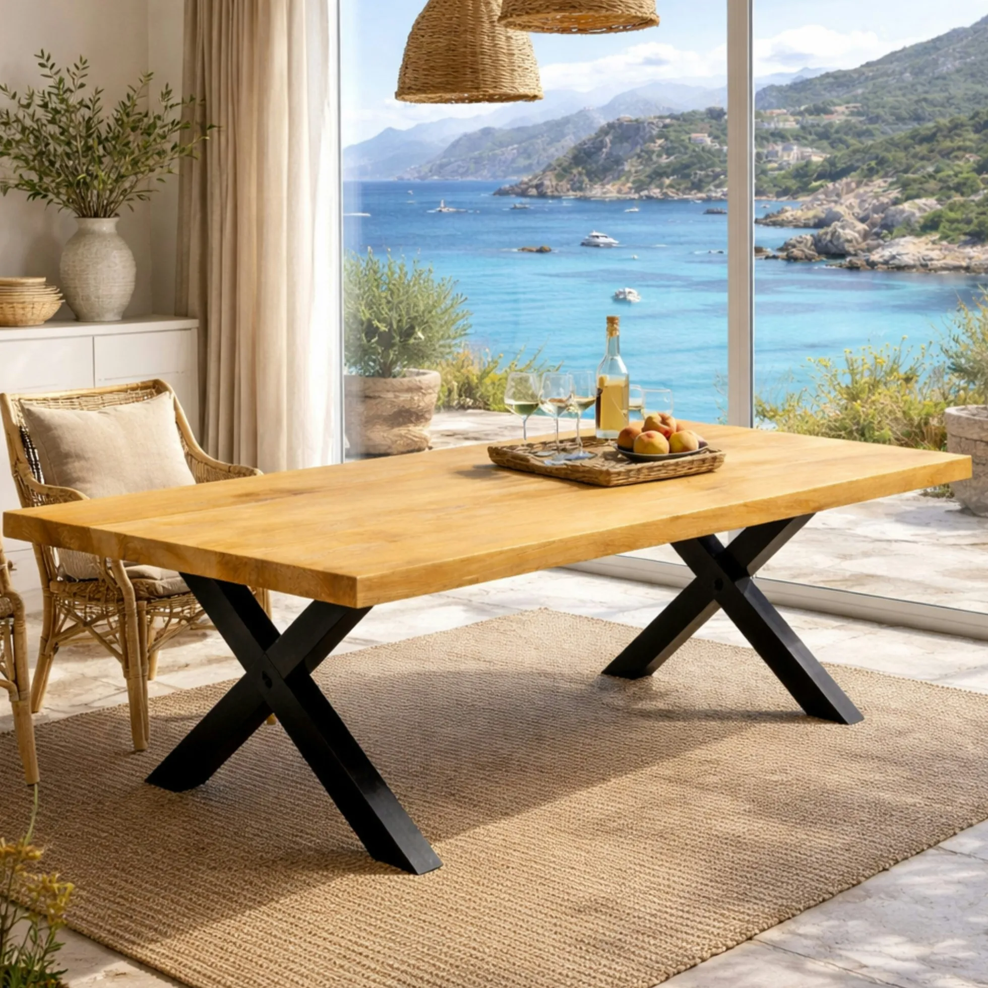 Table extensible bois huilé bords droits pieds en X 200 cm PALERME