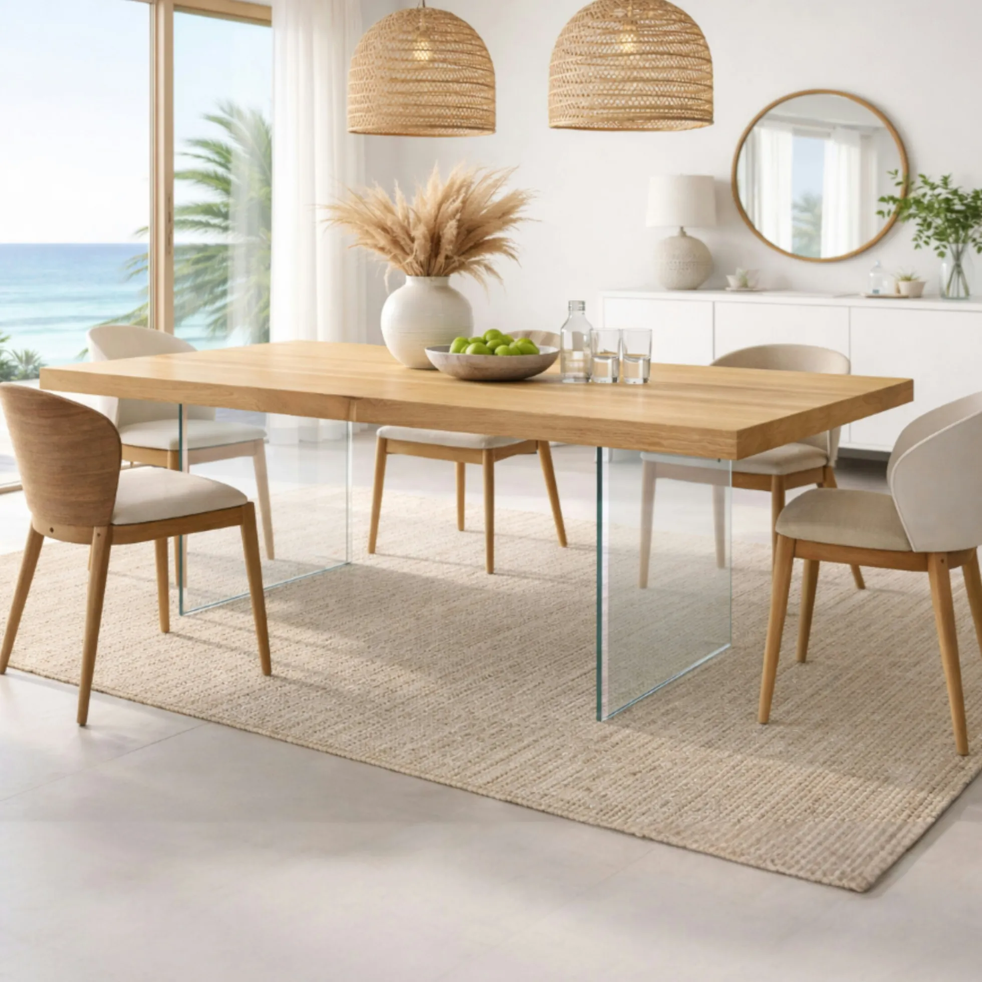 Table extensible bois huilé bords droits pieds verre 180 cm PALERME