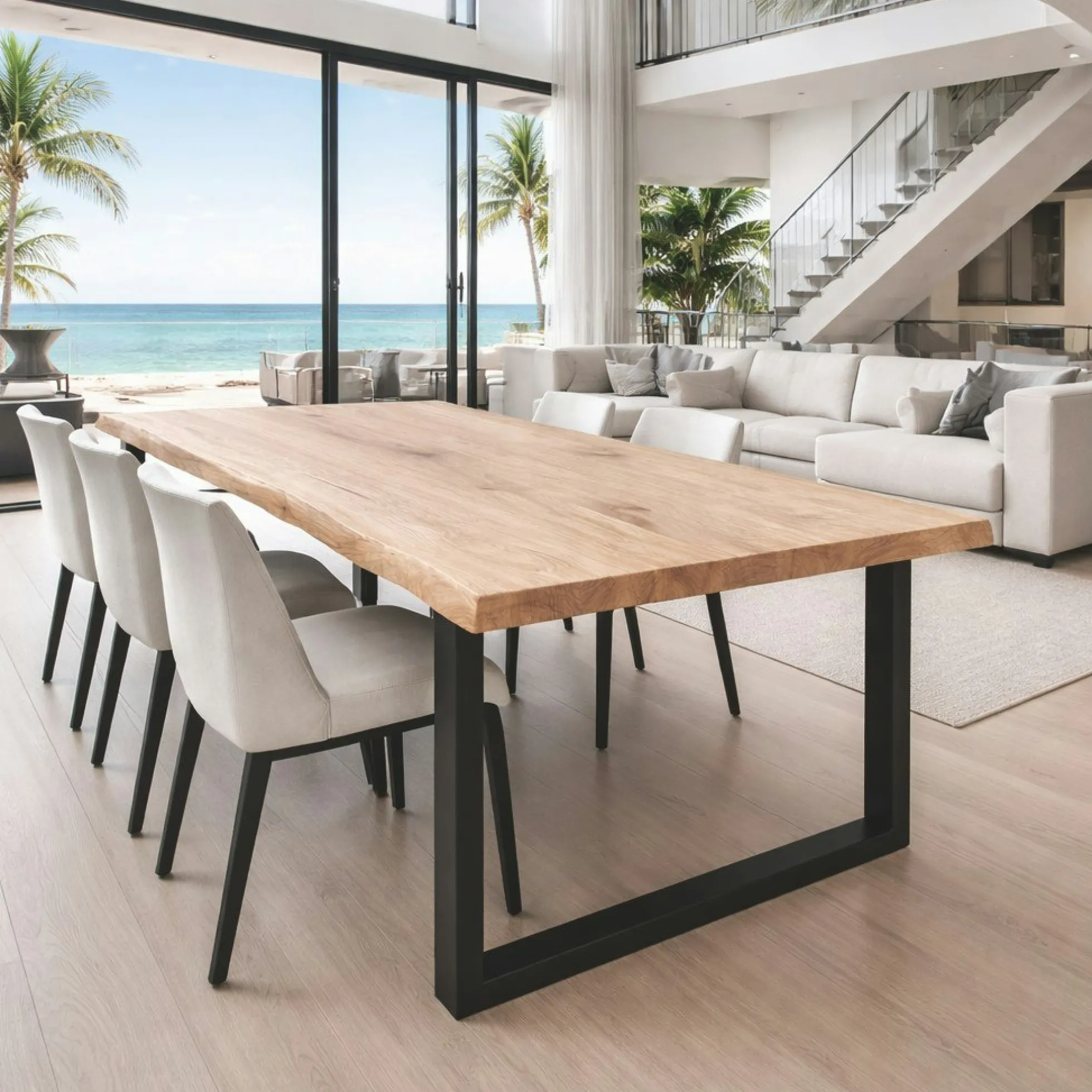 Table extensible chêne blanc bords naturels pieds en U 180 cm PALERME