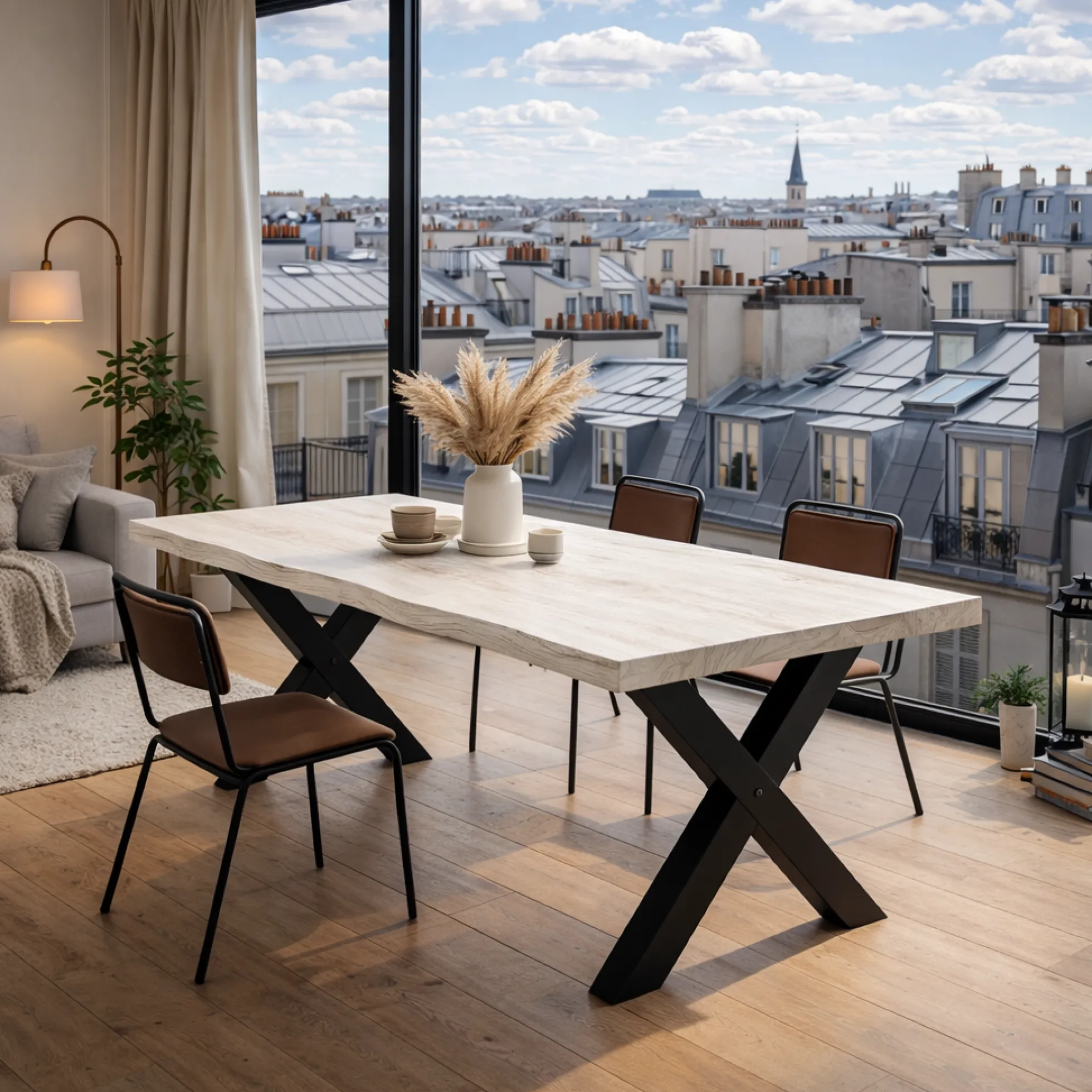 Table extensible chêne blanc bords naturels pieds en X 180 cm PALERME
