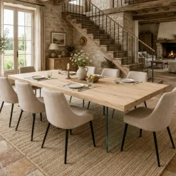 Table extensible chêne blanc bords naturels pieds verre 220 cm PALERME