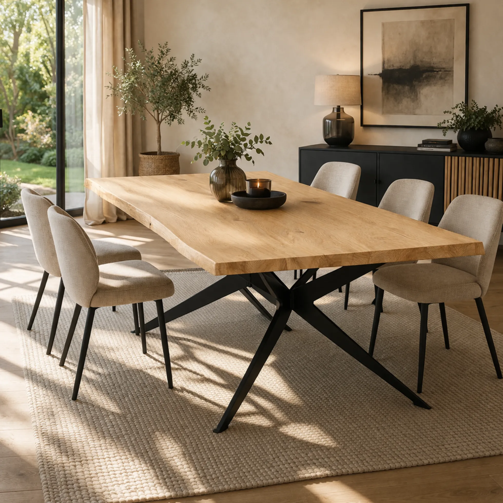 Table extensible chêne blanc bords naturels pied graphique 200 cm PALERME