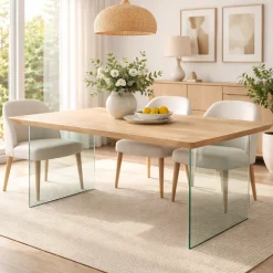 Table extensible chêne blanc bords biseautés pieds verre 220 cm PALERME