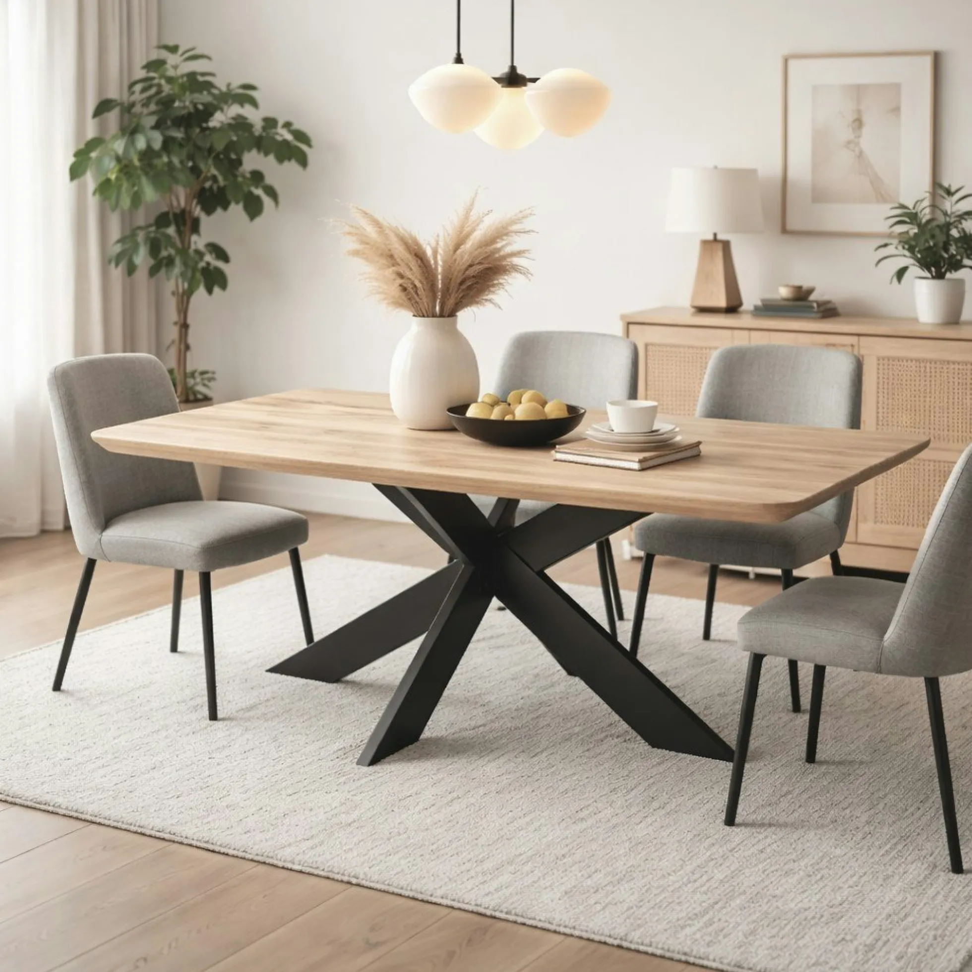 Table extensible chêne blanc bords biseautés pied noir fin 220 cm PALERME