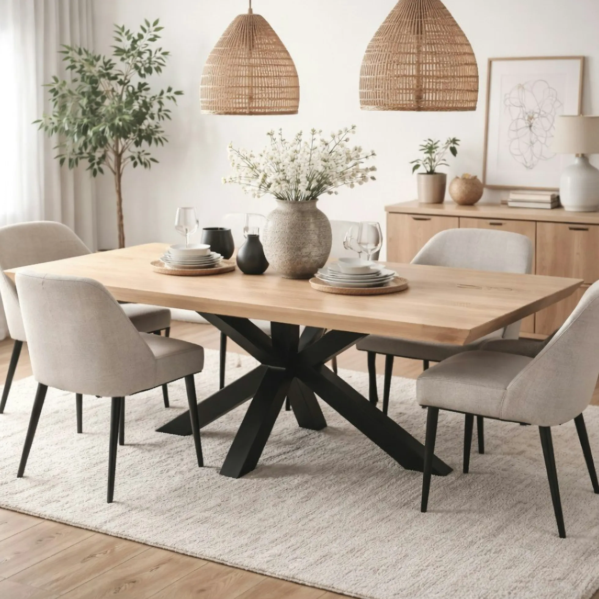 Table extensible chêne blanc bords biseautés pied noir 200 cm PALERME