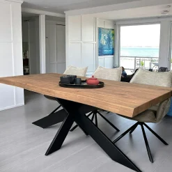 Table extensible chêne brun bords naturels pied noir fin 200 cm PALERME