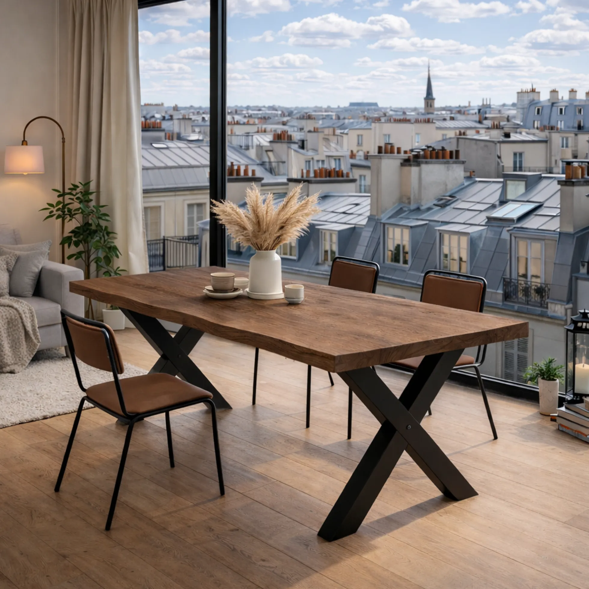 Table extensible chêne brun bords naturels pieds en X 180 cm PALERME