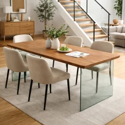 Table extensible chêne brun bords biseautés pieds verre 200 cm PALERME