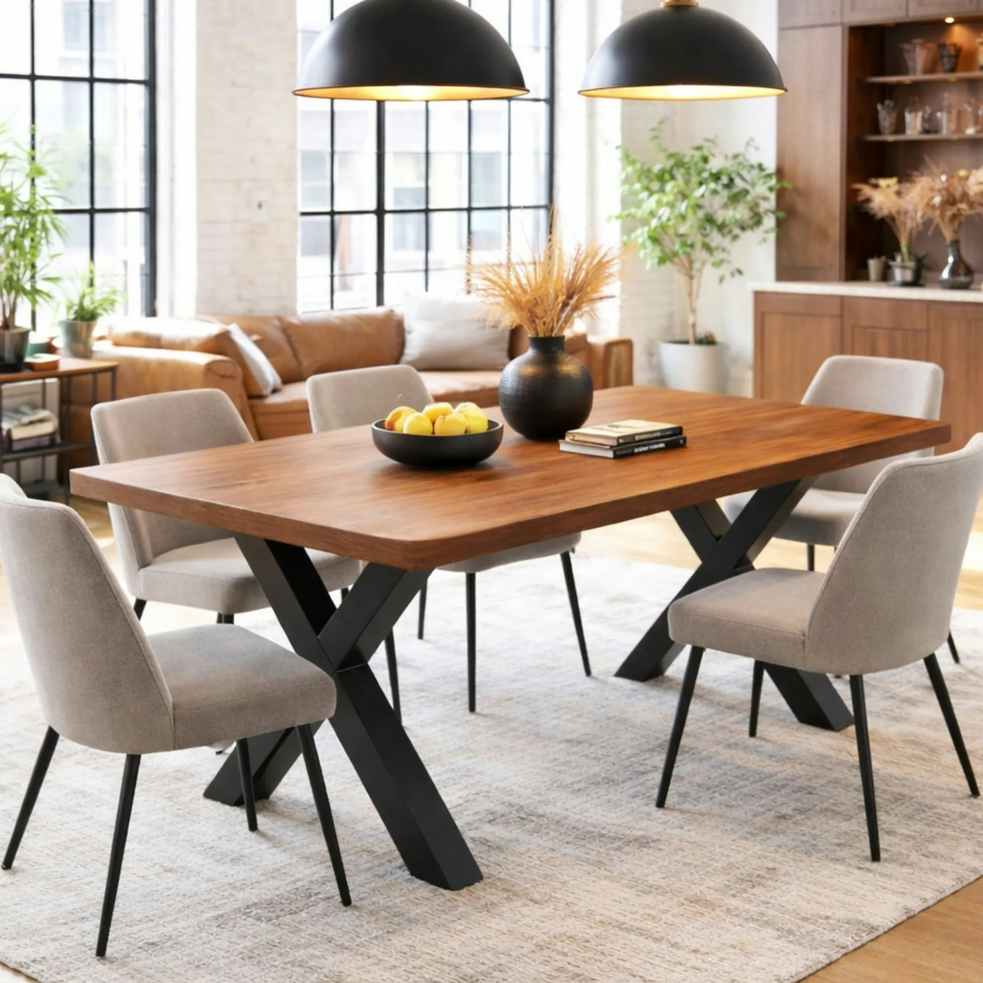Table extensible chêne brun bords biseautés pieds en X 240 cm PALERME