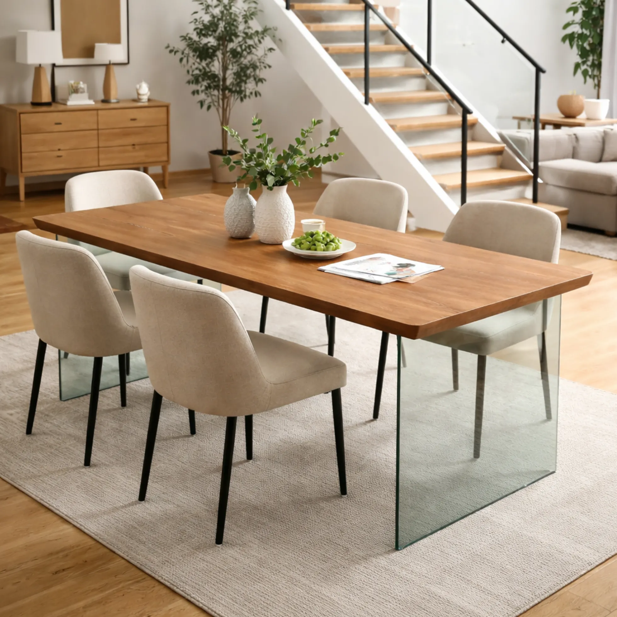 Table extensible chêne brun bords biseautés pieds verre 180 cm PALERME