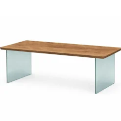 Table extensible chêne brun bords biseautés pieds verre 220 cm PALERME
