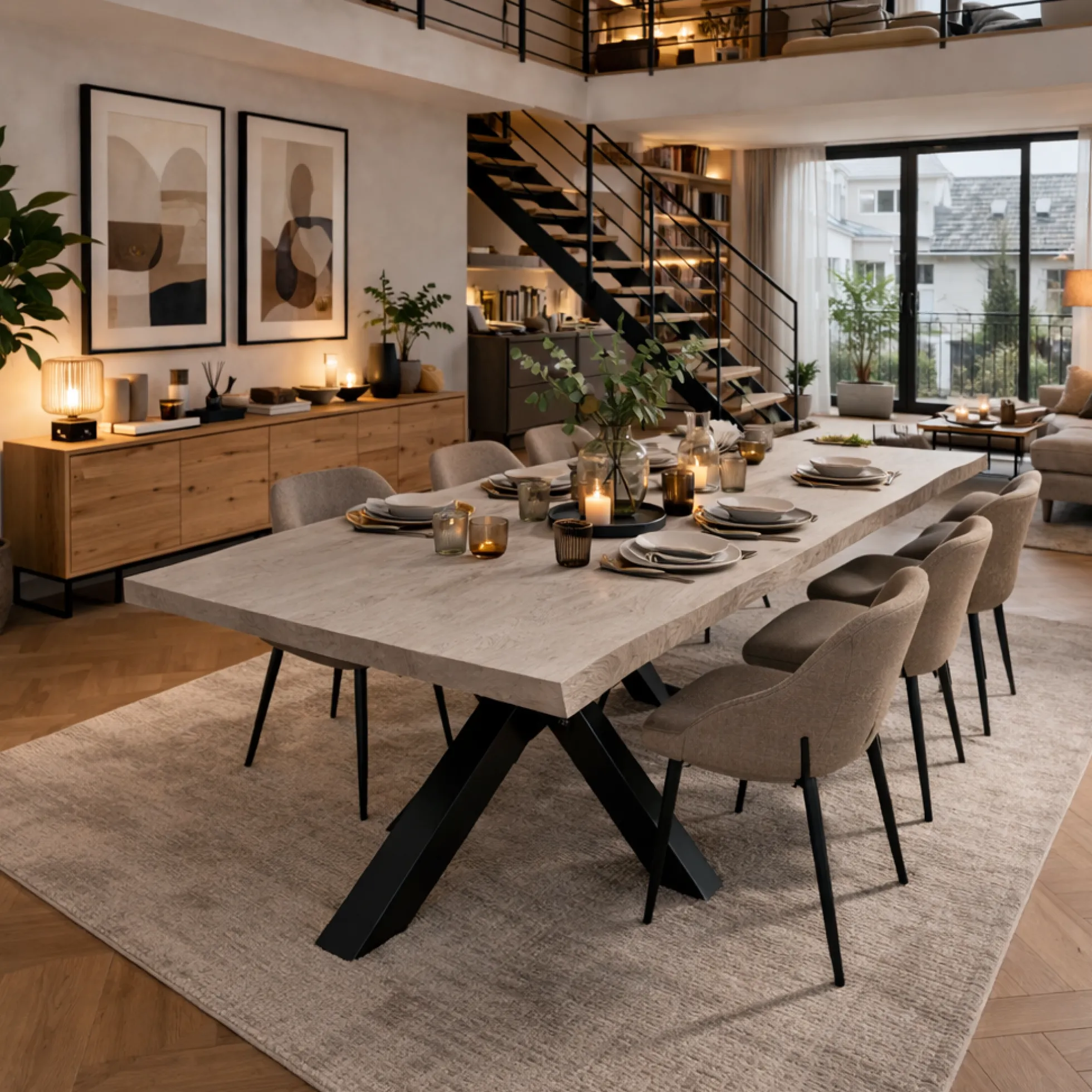 Table extensible chêne grisé bords naturels pied noir 240 cm PALERME
