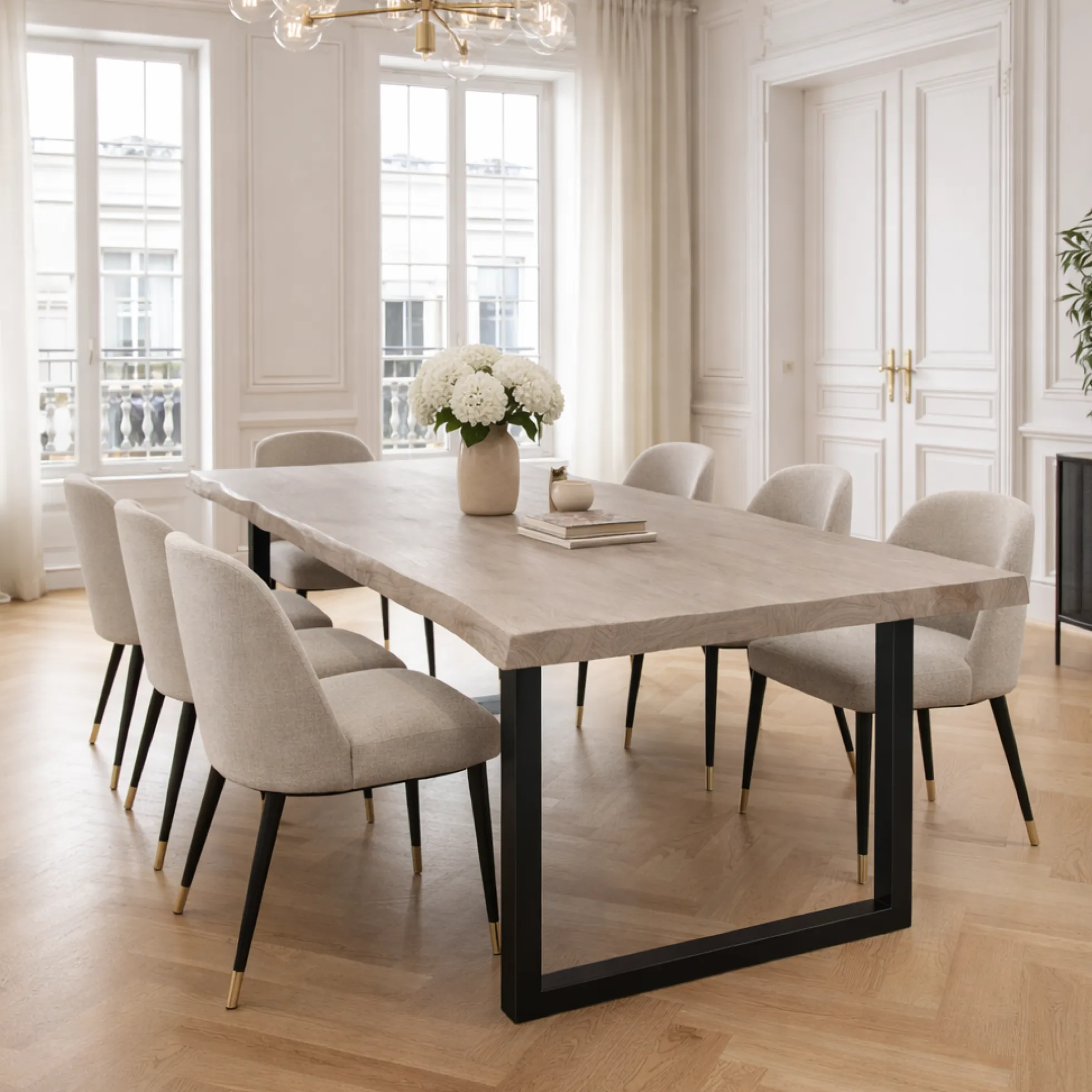 Table extensible chêne grisé bords naturels pieds en U 220 cm PALERME
