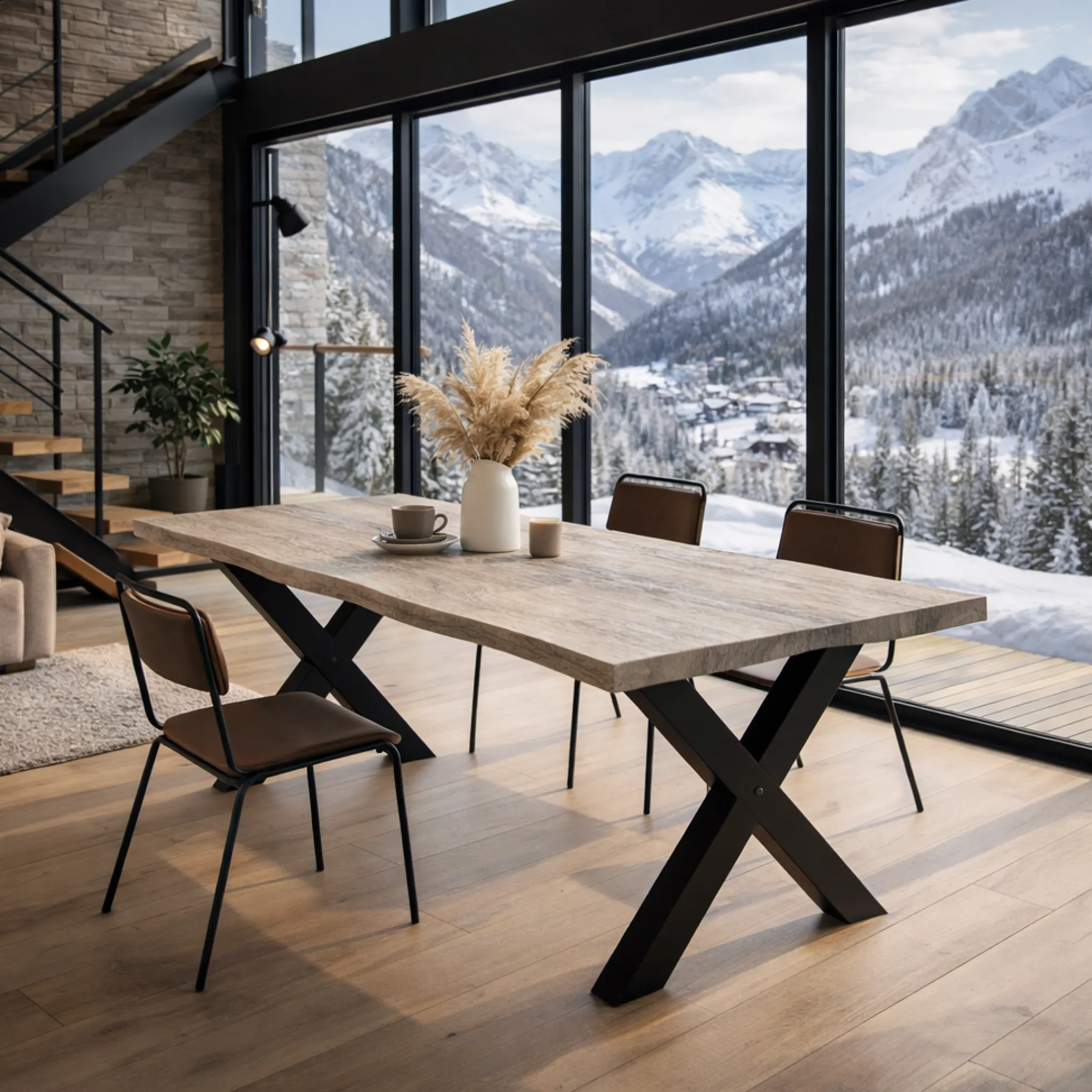 Table extensible chêne grisé bords naturels pieds en X 220 cm PALERME
