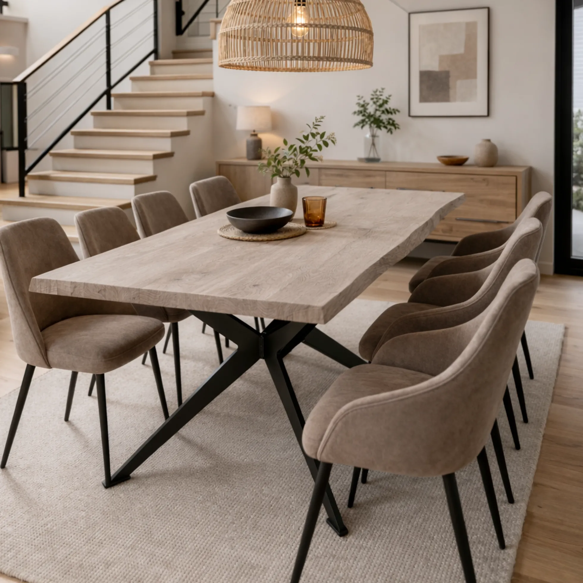 Table extensible chêne grisé bords naturels pied graphique 240 cm PALERME