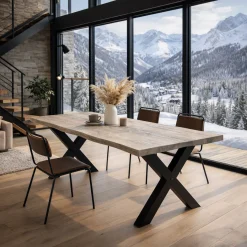 Table extensible chêne grisé bords naturels pieds en X 180 cm PALERME