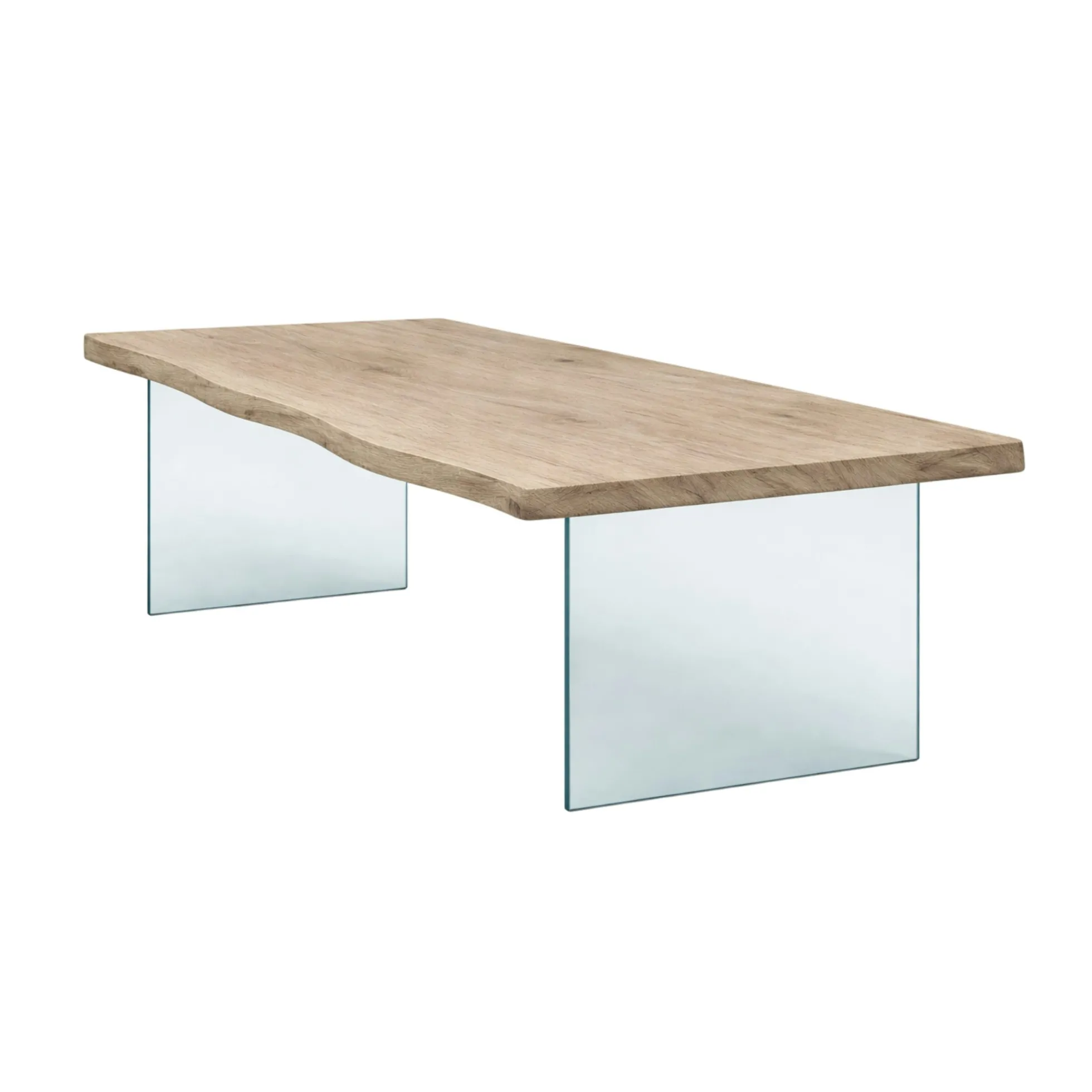 Table extensible chêne grisé bords naturels pieds verre 220 cm PALERME