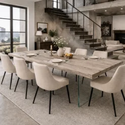 Table extensible chêne grisé bords naturels pieds verre 200 cm PALERME