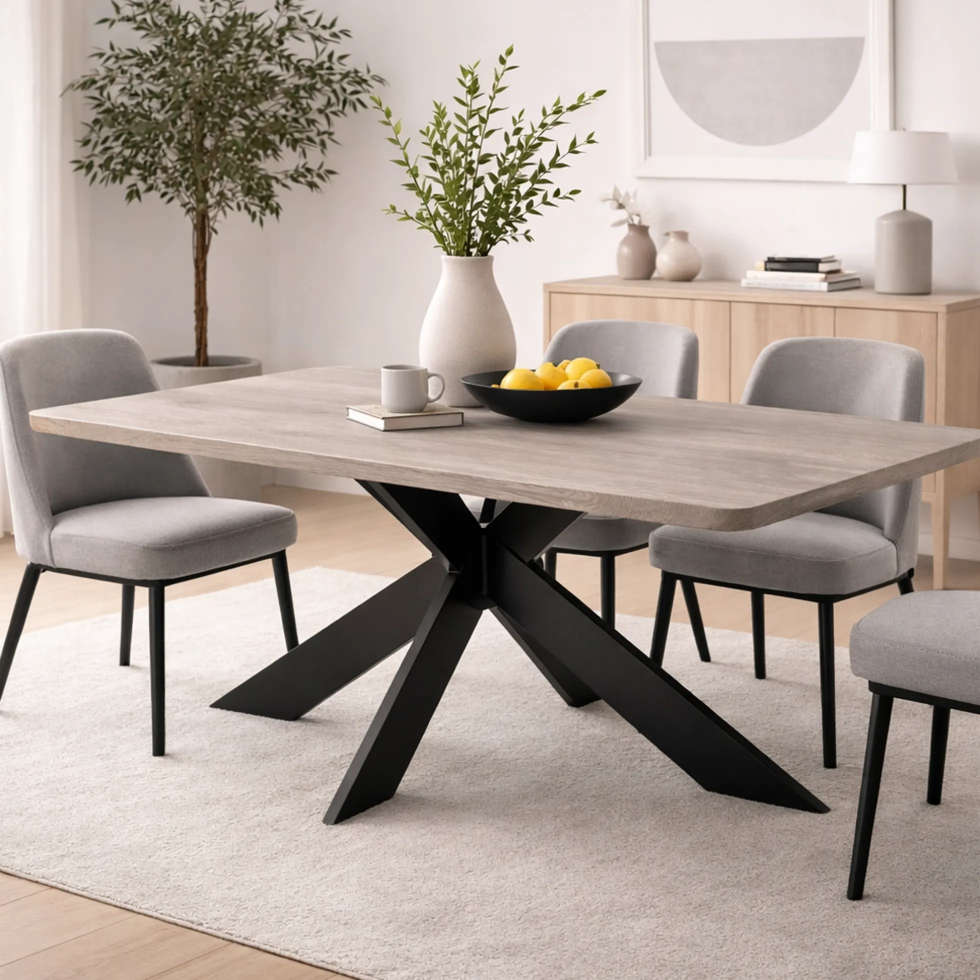Table extensible chêne grisé bords biseautés pied noir fin 220 cm PALERME